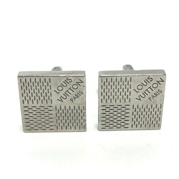 Authentic LOUIS VUITTON Damier 4 Boutong de Manchette Cufflinks cuffs Silver - Picture 1 of 6